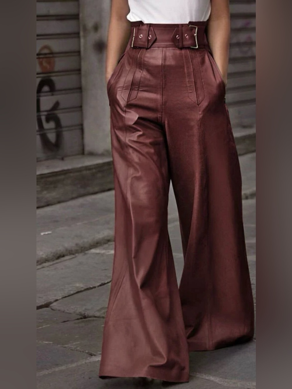 High-Rise Wide-Leg Faux Leather Pants in Mahogany